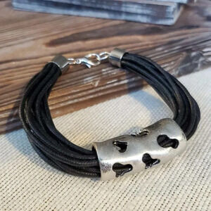 Modern Art Statement Bracelet Silver Black with Cutout Hearts
